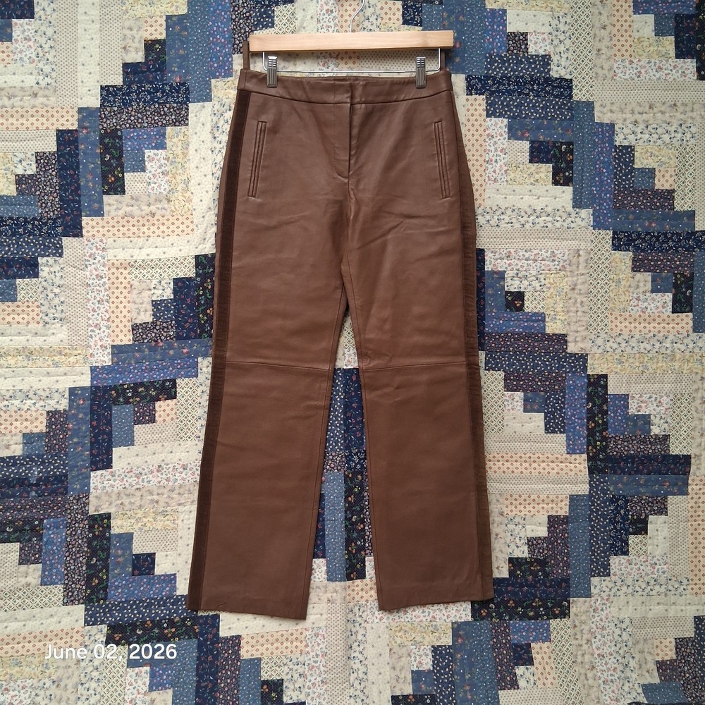 Margaret Godfrey Leather Pants Women Size 4 Brown Tuxedo Stripe Straight Leg